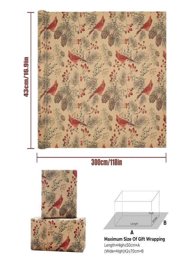 AirCool Cardinal Birds Winter Forest Woodland Berries Pine Cone Kraft Brown Christmas Wrapping Paper-1 Mini Roll 17 X 10ft-Per roll Gift Wrap for Winter Holidays, Xmas, Weddings, Birthday, Bird Lover - Image 2